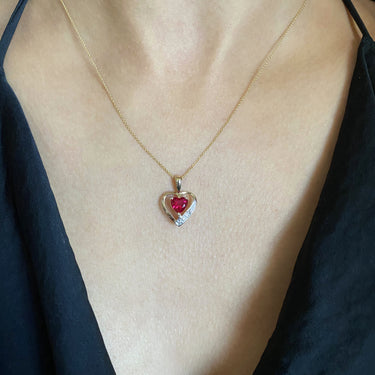 9ct Alluring Yellow Gold Created Ruby + Diamond Pendant