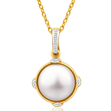 9ct Yellow Gold Magnificent Diamond + Pearl Pendant