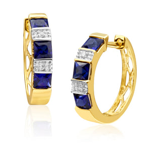 9ct Yellow Gold Created Sapphire + Diamond Hoop Earrings