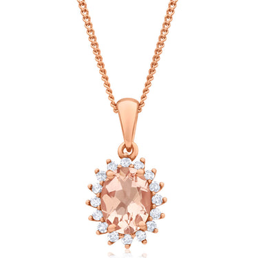 9ct Rose Gold Diamond + 8x6mm Morganite Cluster Pendant With 45cm Chain