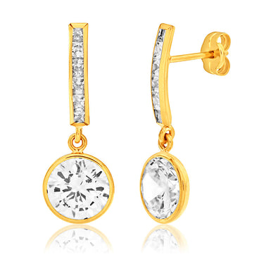 9ct Yellow Gold Round Cubic Zirconia Drop Earrings