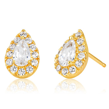 9ct Pear Shaped Halo Stud Earrings with Cubic Zirconia in Yellow Gold