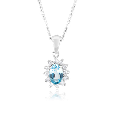 9ct White Gold 6x4mm Blue Topaz + Diamond Pendant