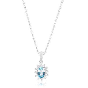 9ct White Gold 6x4mm Blue Topaz + Diamond Pendant