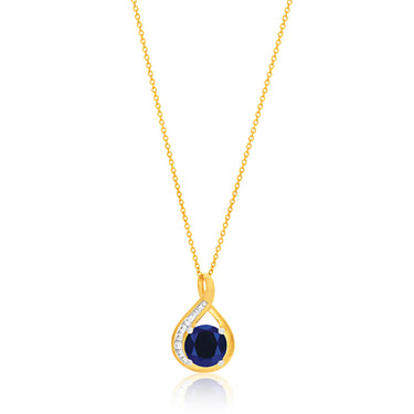 9ct Yellow Gold Created Blue Sapphire and Zirconia Pendant On 45cm Chain
