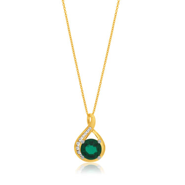 9ct Yellow Gold Created Emerald and Zirconia Pendant With 45cm Chain