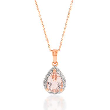 9ct Rose Gold 1.00ct Morganite 8x6mm Pear & Diamond Pendant with 45cm Chain