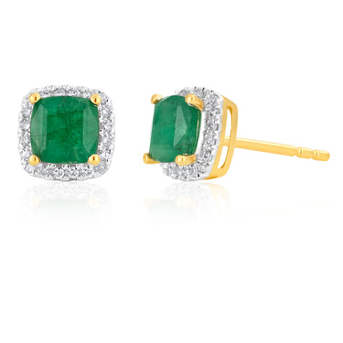 9ct Yellow Gold Natural Emerald 5mm Cushion Cut Diamond Halo Stud Earrings