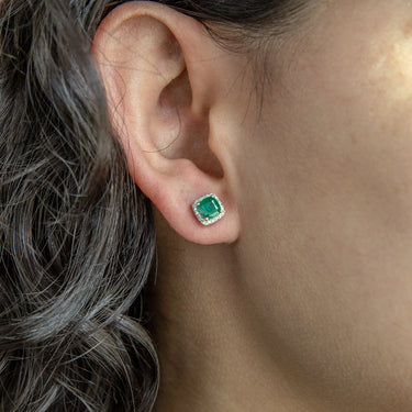 9ct Yellow Gold Natural Emerald 5mm Cushion Cut Diamond Halo Stud Earrings