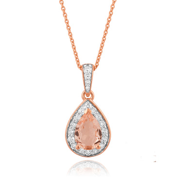 9ct Rose Gold Morganite Pear and 0.15 Carat Diamond Pendant on 45cm Chain