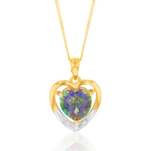 9ct Yellow Gold Enhanced Mystic Topaz and Diamond Heart Pendant on 46cm Chain
