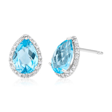 9ct White Gold Blue Topaz and Diamond Stud Earrings