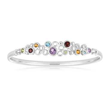 Sterling Silver Natural Mixed Gemstone Bangle 65mm Diameter