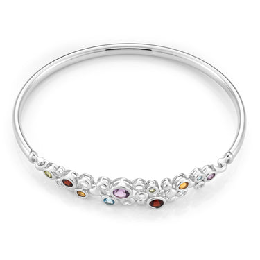 Sterling Silver Natural Mixed Gemstone Bangle 65mm Diameter