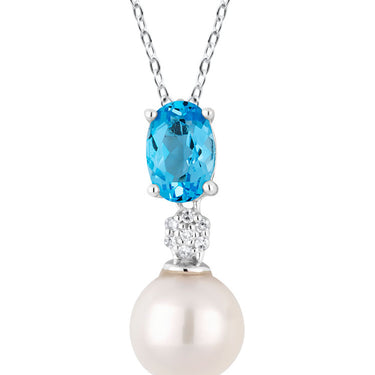 9ct White Gold Pearl & Blue Topaz Pendant with Diamonds