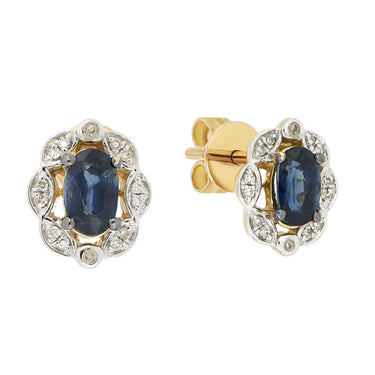 9ct Yellow Gold Natural Sapphire & Diamond Studs