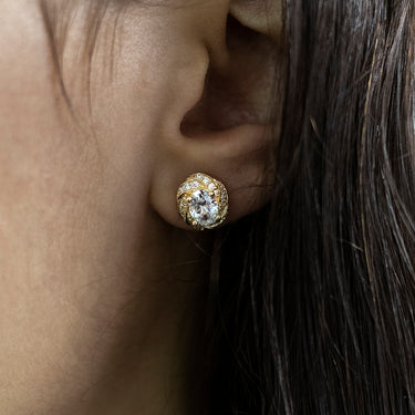 9ct Yellow Gold Zirconia Oval Studs with a Fancy Twist Halo