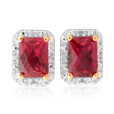 9ct Yellow Gold Emerald Cut Created Ruby And Diamond Halo Earrings