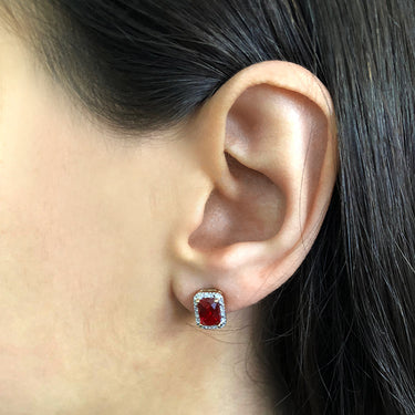 9ct Yellow Gold Emerald Cut Created Ruby And Diamond Halo Earrings