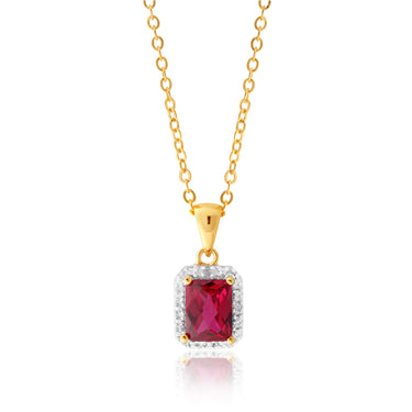 9ct Yellow Gold Emerald Cut Created Ruby And Diamond Halo Pendant & Gold Plated Chain