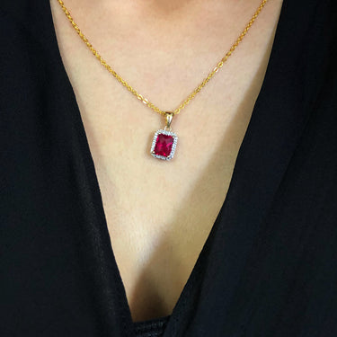 9ct Yellow Gold Emerald Cut Created Ruby And Diamond Halo Pendant & Gold Plated Chain