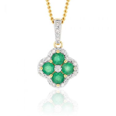 9ct Yellow Gold 1ct Natural Emerald and 1/10 Carat Diamond 4 Leaf Clover Pendant