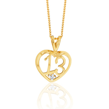 9ct Yellow Gold Zirconia Number 13 Heart Pendant