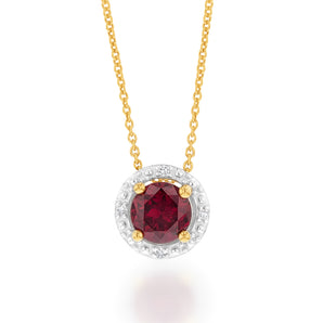 9ct Yellow Gold 5mm Created Ruby and Diamond Pendant on 45cm Chain