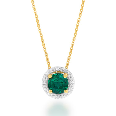 9ct Yellow Gold Created Emerald and Diamond Halo Pendant on 45cm Chain