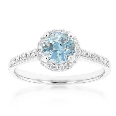 9ct White Gold 6mm Aquamarine and Diamond Halo Ring