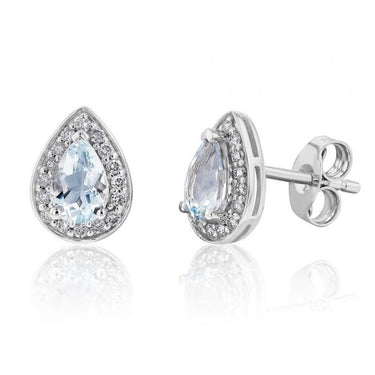 9ct White Gold 6x4mm Aquamarine and Diamond Pear Halo Stud Earrings