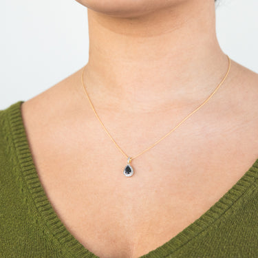 9ct Yellow Gold 1ct Natural Sapphire Pear Halo Pendant with 0.15 Carat Diamond on 45cm Chain