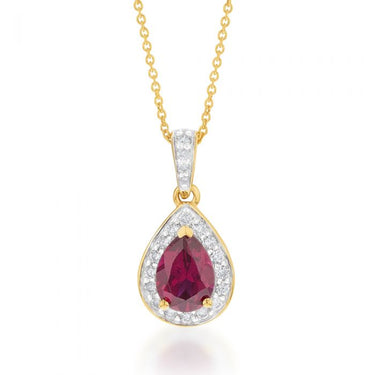 9ct Yellow Gold Created Ruby 0.15 Carat Diamond Pear Halo Pendant on 45cm Chain