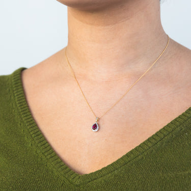 9ct Yellow Gold Created Ruby 0.15 Carat Diamond Pear Halo Pendant on 45cm Chain