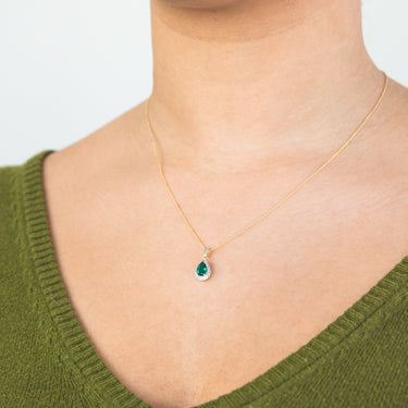 9ct Yellow Gold Created Emerald and 0.15 Carat Diamond Pear Halo Pendant on 45cm Chain