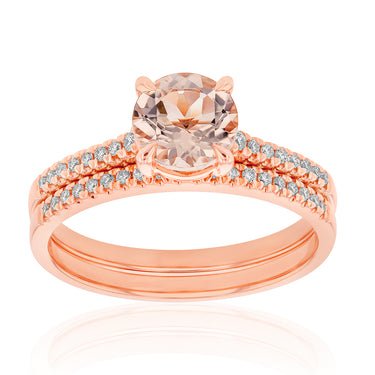 9ct Rose Gold 1.20ct Morganite Round and Diamond 2 Ring Bridal Set