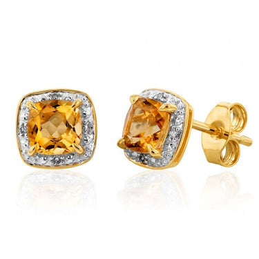 9ct Yellow Gold 5mm 0.50ct Citrine and Diamond Cushion Cut Stud Earrings