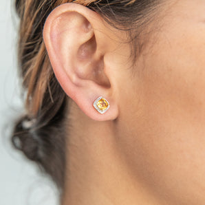 9ct Yellow Gold 5mm 0.50ct Citrine and Diamond Cushion Cut Stud Earrings
