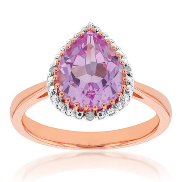 9ct Rose Gold Created Peach Sapphire and Diamond Pear Cut Ring