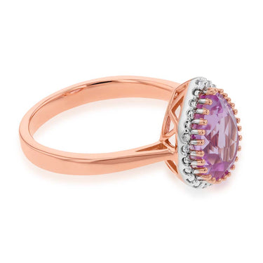 9ct Rose Gold Created Peach Sapphire and Diamond Pear Cut Ring