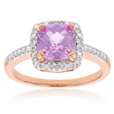 9ct Rose Gold Created Peach Sapphire and Diamond Accented Cushion Cut Ring