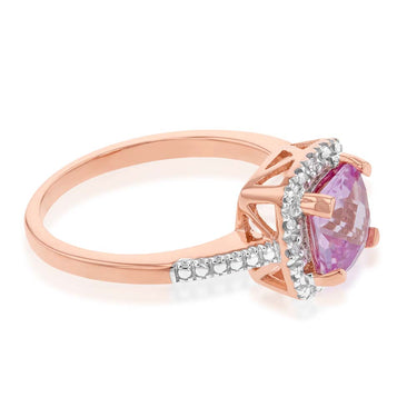 9ct Rose Gold Created Peach Sapphire and Diamond Accented Cushion Cut Ring