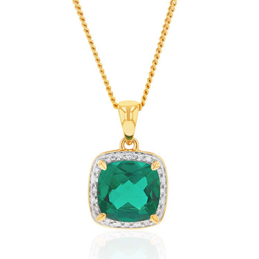 9ct Yellow Gold Created Emerald and Diamond Cushion Cut Pendant