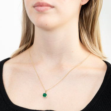 9ct Yellow Gold Created Emerald and Diamond Cushion Cut Pendant