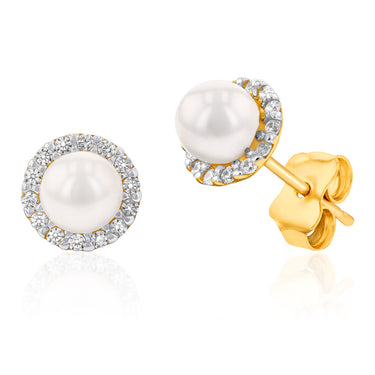 9ct Yellow Gold Fresh Water Pearl And Cubic Zirconia Stud Earrings