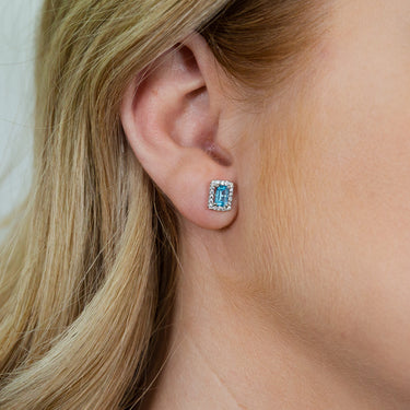 9ct White Gold Blue Topaz and Zirconia Emerald Cut Studs