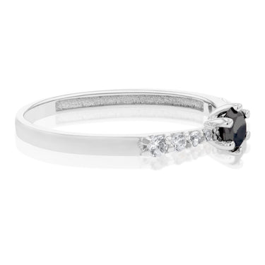 9ct White Gold Black Zirconia Solitaire Fancy Channel Ring