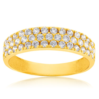 9ct Yellow Gold Zirconia 3 Row Claw Set Ring