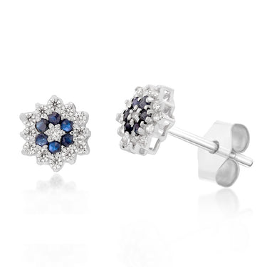 9ct White Gold Natural Sapphire and Zirconia Flower Studs