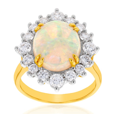 18ct Yellow Gold 3.17ct Natural White Oval Opand and 1.30ct Diamond Ring